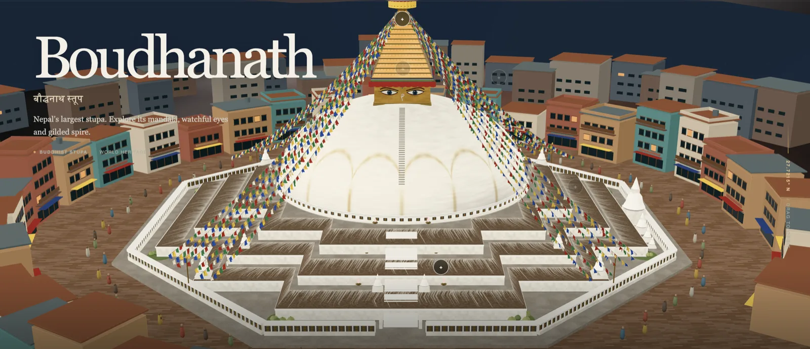 The Boudhanath stupa rendered in 3D on nepalin3d.com, with prayer flags running from the gilded spire down to the octagonal wall of prayer wheels, surrounded by the shop-houses of Boudha at dusk