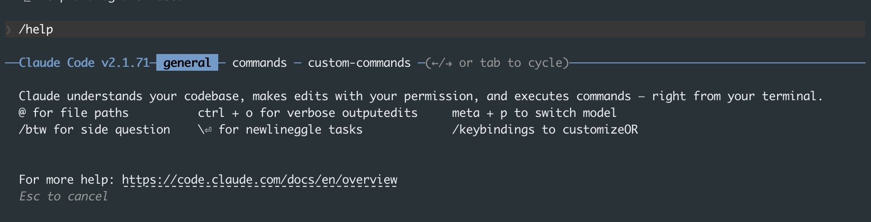 The /help command in Claude Code showing available commands and shortcuts