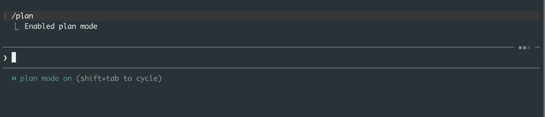 Plan mode enabled in Claude Code, showing the status bar indicator