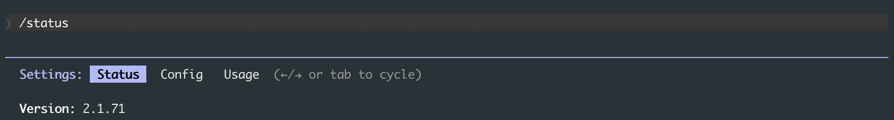The /status command showing Status, Config, and Usage tabs