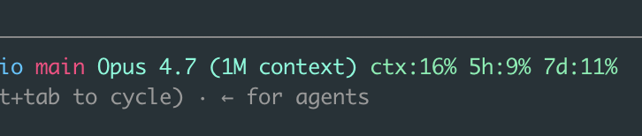 My Claude Code status line showing the git branch, model, context percentage used, and 5-hour and 7-day usage limits